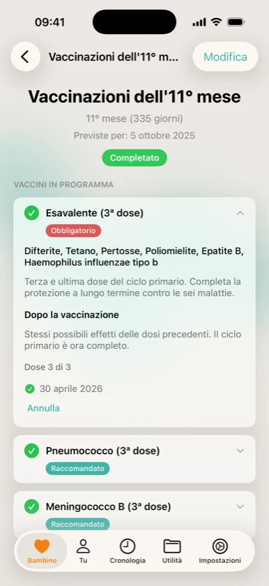 Ribbon Family: vaccinazioni completate con data, luogo e note